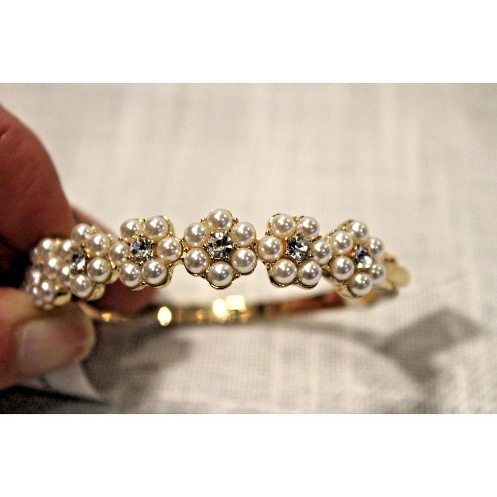 Charter Club Silver Tone Crystal Faux Pink Pearl Floral Bangle Bracelet